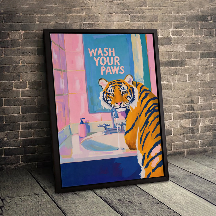 Wash Your Paws Tiger Wall Art | Whimsical Bathroom Decor Print | Premium 1.25-inch Canvas | Funny Animal Poster Gift for Home or Office