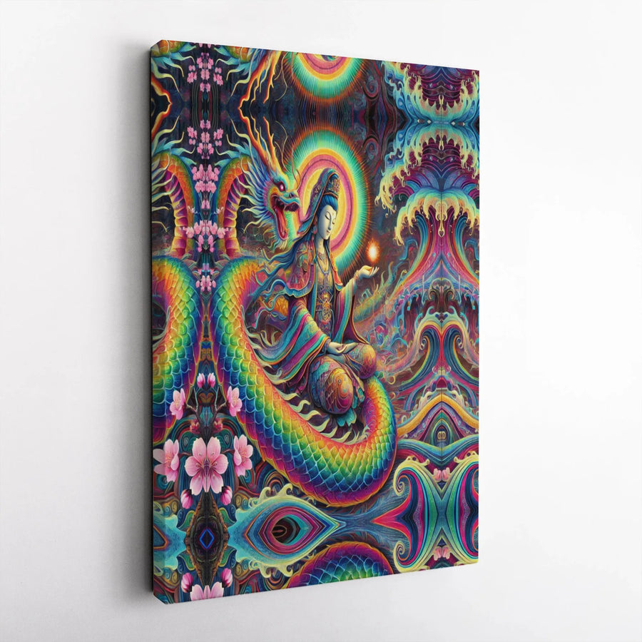 Psychedelic Dragon Wall Art | Meditating Guanyin Canvas Print | Premium Gallery Wrap Decor | Spiritual Zen Wall Decor for Living Room