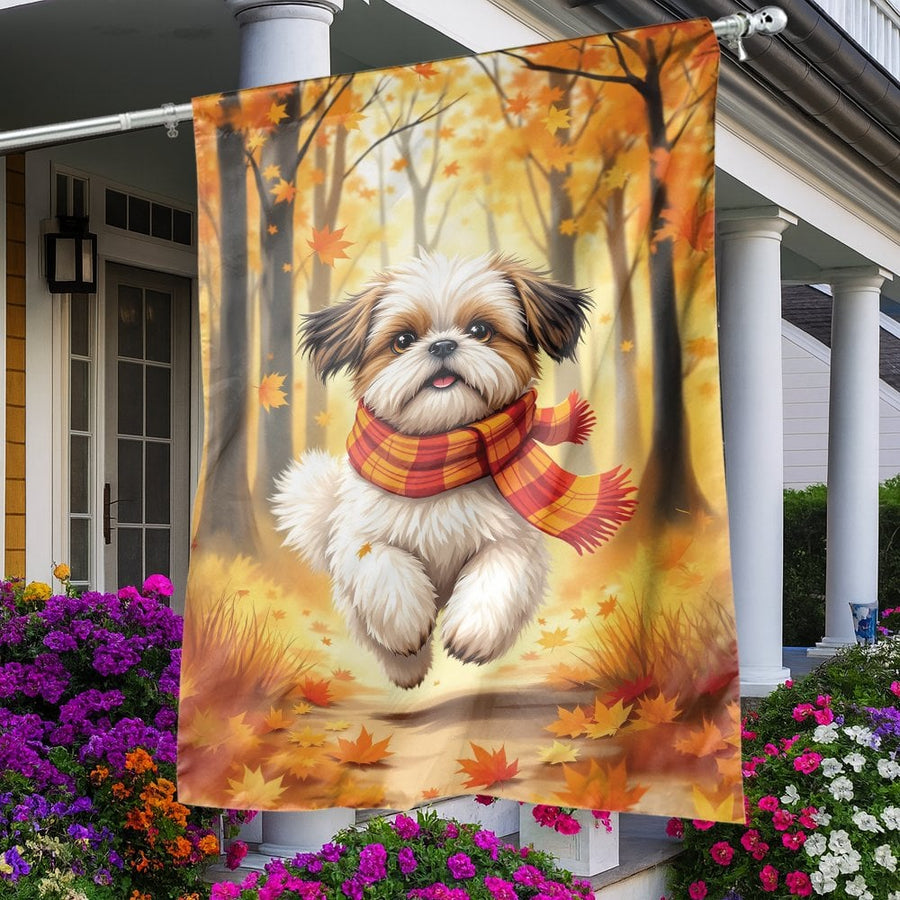 Autumn Shih Tzu Garden Flag | Golden Forest Falling Leaves Design | Durable Weather-Resistant Polyester | Seasonal Outdoor Home Decor Gift