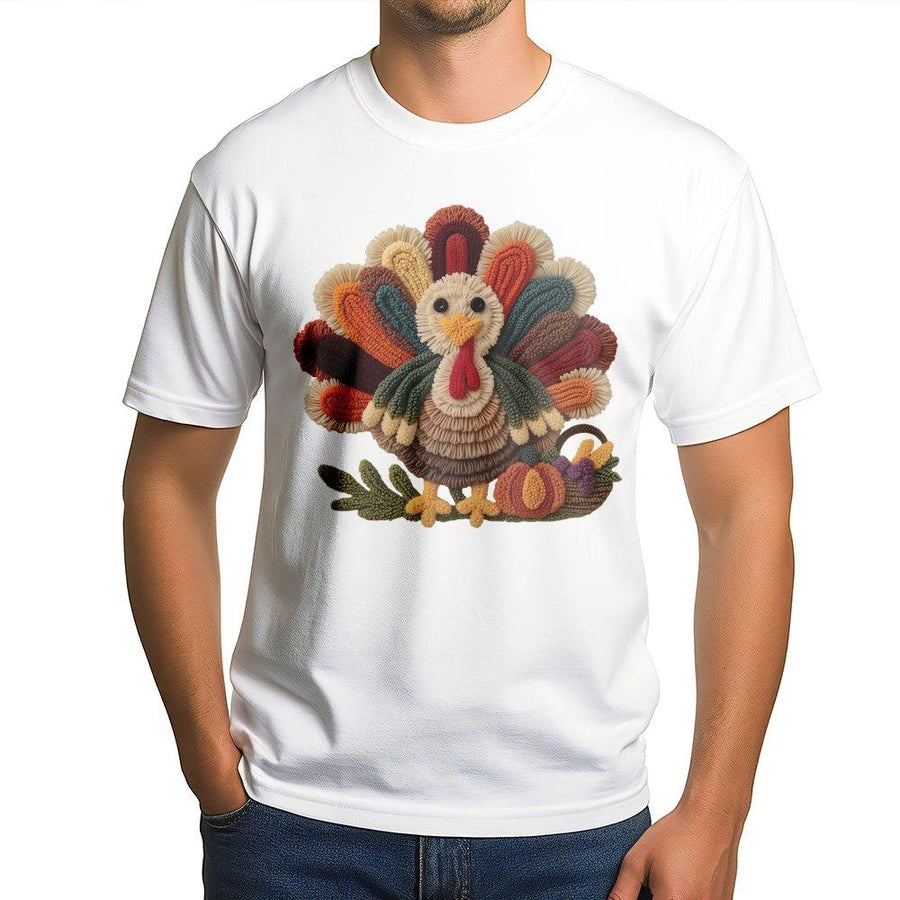 Thanksgiving Turkey T-Shirt | Textured Thread Art Graphic Tee | 100% Cotton Premium Comfort | Cute Fall Festive Gift for Women and Family