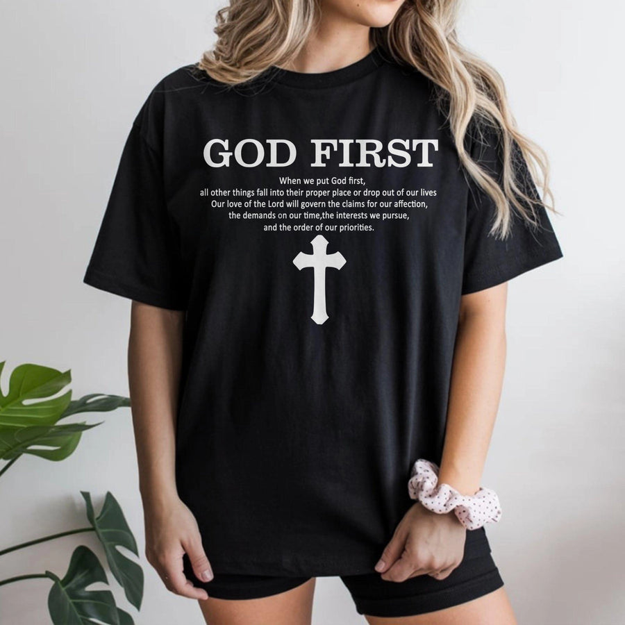 God First Christian T-Shirt | Faith Quote With Cross Graphic | Premium 100% Cotton | Religious Gift For Men And Women