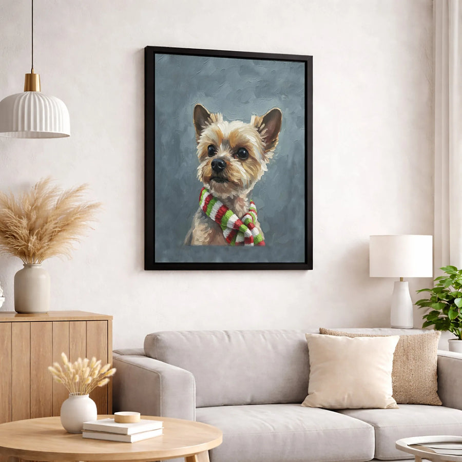 Yorkshire Terrier Canvas Wall Art | Dog Wearing Christmas Scarf Portrait | Premium Gallery Wrapped Print | Festive Holiday Home Decor Gift