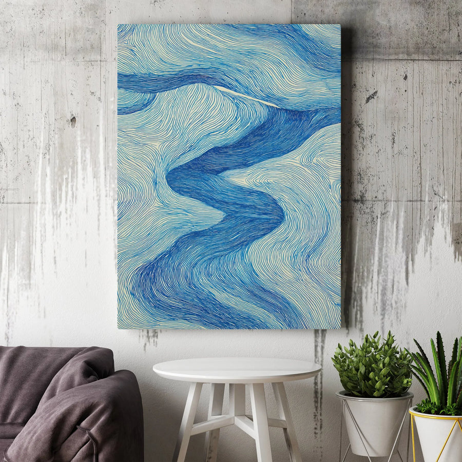 Abstract Wavy Blue River Canvas Print | Modern Line Art Wall Decor | Premium 1.25-inch Gallery Wrap | Minimalist Bedroom Living Room Art Gift
