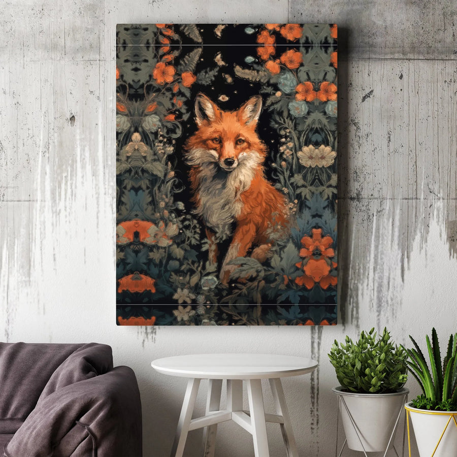 Red Fox Canvas Wall Art | Moody Dark Floral Botanical Print | Premium Fade-Resistant Gallery Wrap | Whimsical Woodland Home Decor Gift