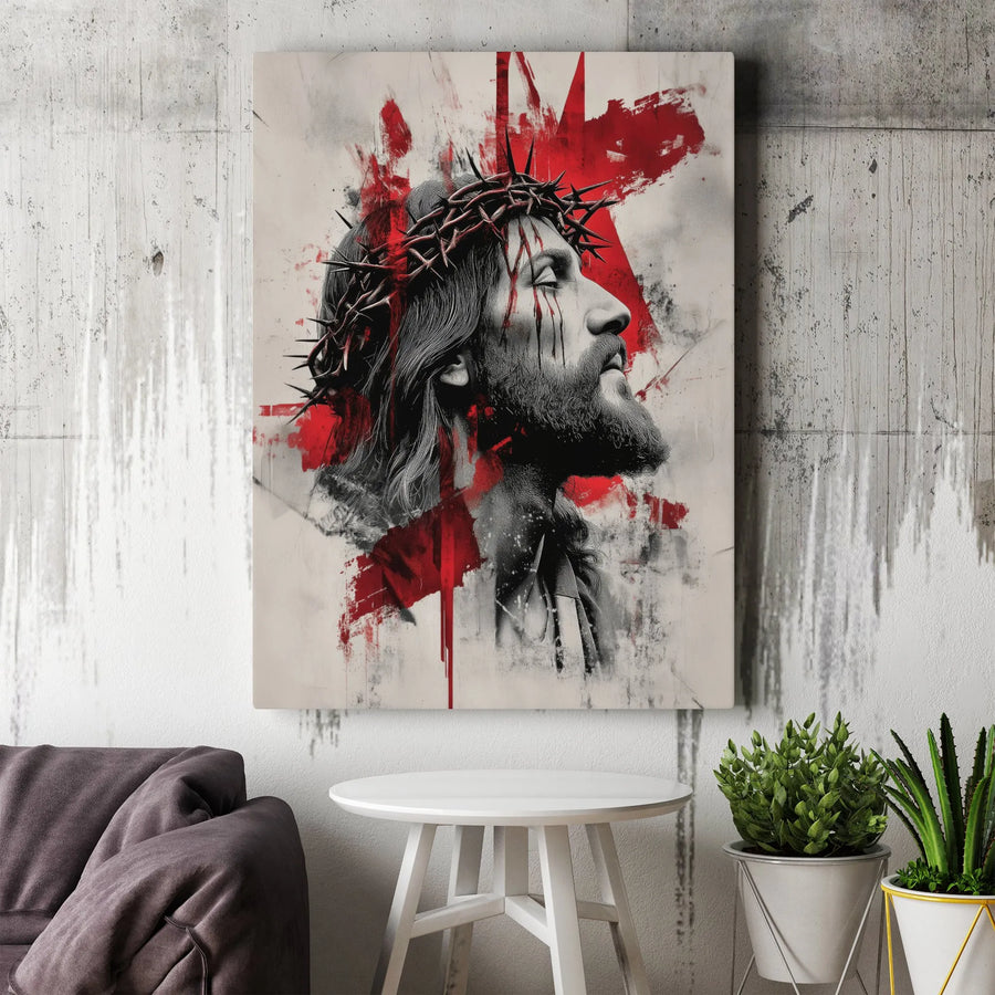 Jesus Christ Canvas Art | Crown Of Thorns Red Splash Portrait | Premium Gallery Wrap Decor | Religious Wall Art Gift For Home