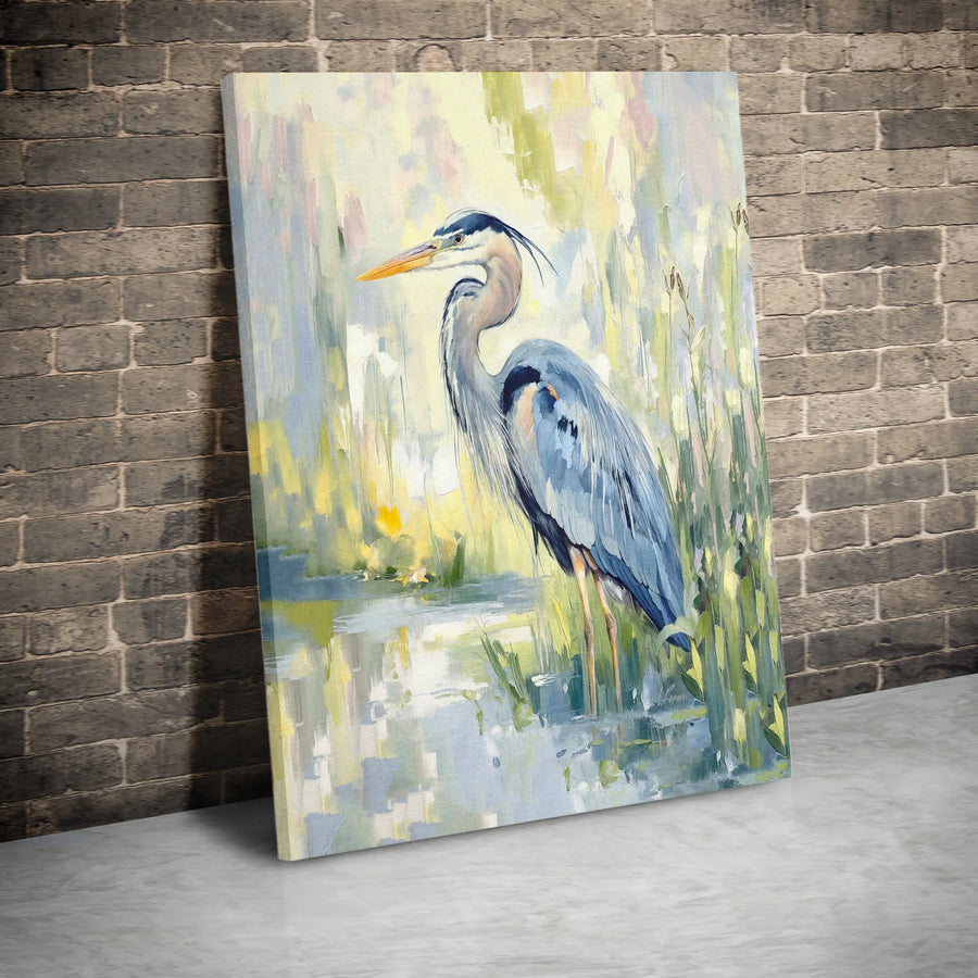 Great Blue Heron Canvas Wall Art | Impressionist Marsh Bird Painting | 1.25-Inch Premium Gallery Wrap | Nature-Inspired Home Decor Gift