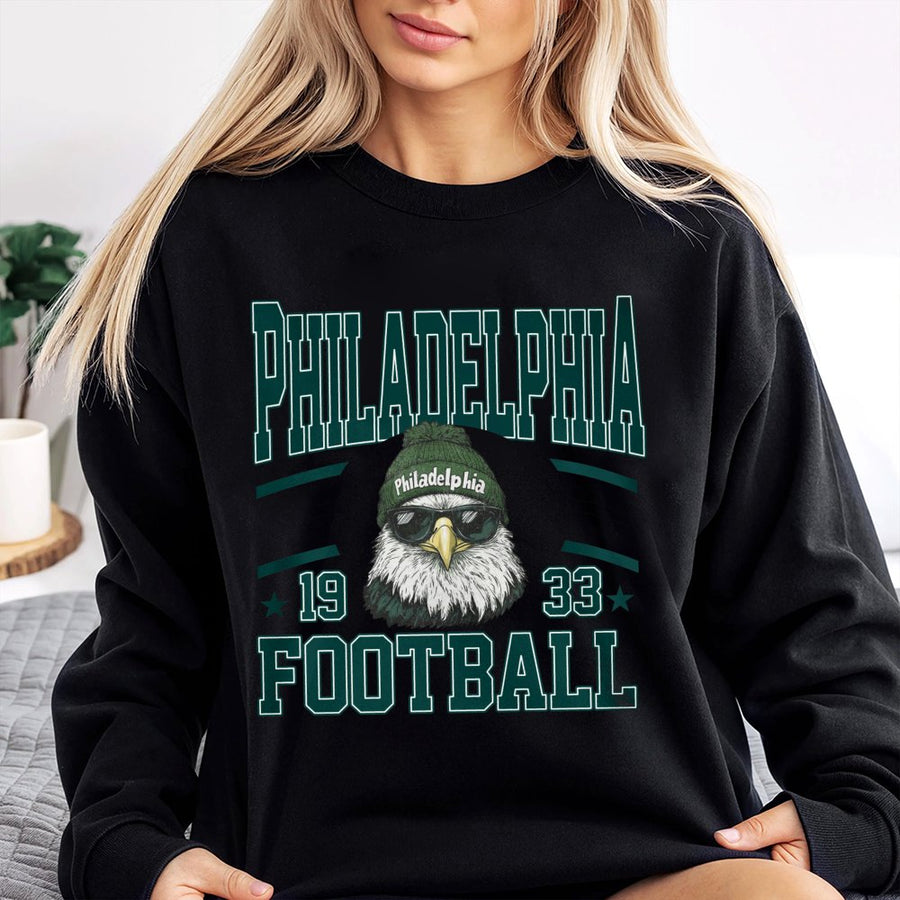 Philadelphia 1933 Football With Bald Eagle Mascot In Beanie And Sunglasses Sweatshirt