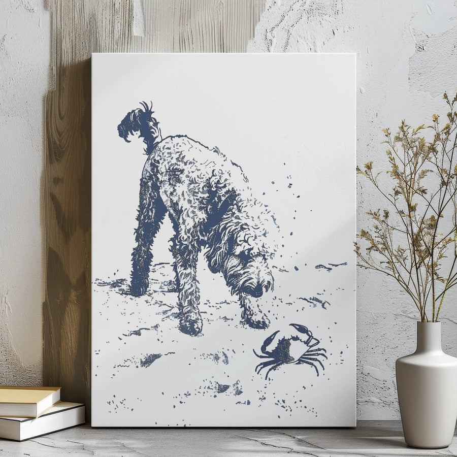 Doodle Dog Wall Art | Beach Sketch With Crab | Premium Gallery Wrapped Canvas | Coastal Decor Gift For Dog Lovers