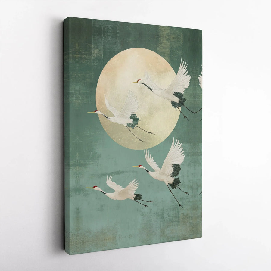 Japanese Crane Canvas Wall Art | Flying Cranes Over Full Moon | Premium Gallery Wrapped Canvas | Asian Inspired Living Room Art