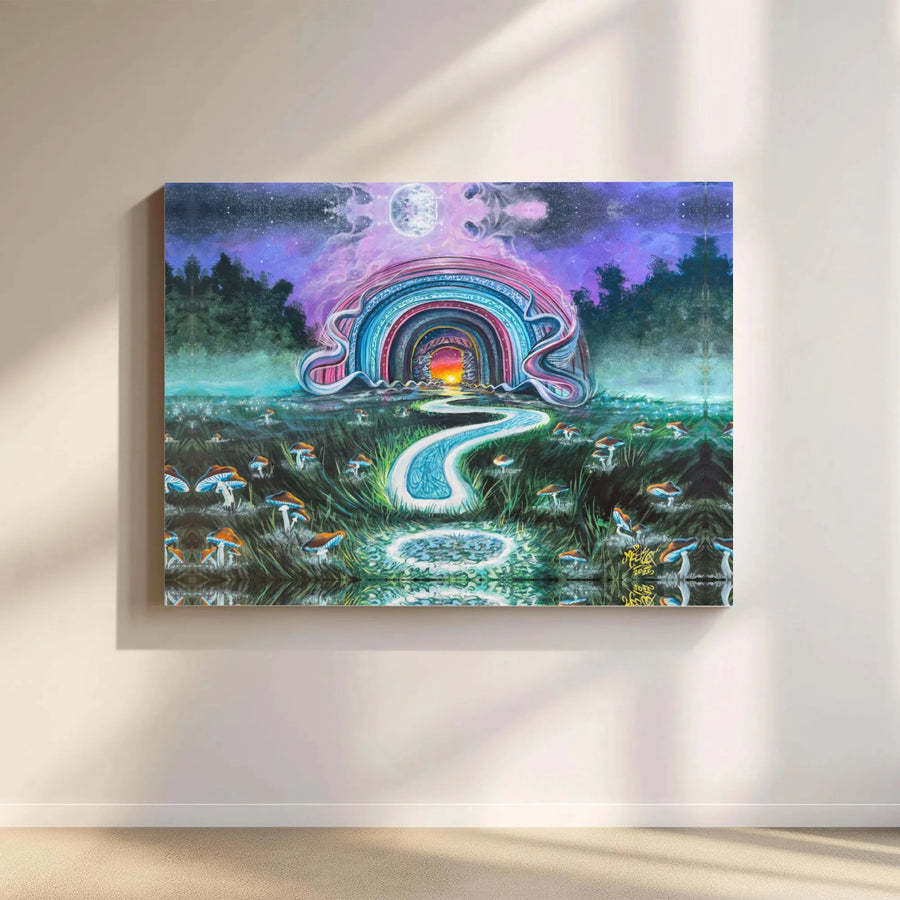 Psychedelic Mushroom Field Canvas Art | Surreal Rainbow Portal Wall Decor | Premium 1.25-Inch Gallery Wrap | Visionary Trippy Home Gift