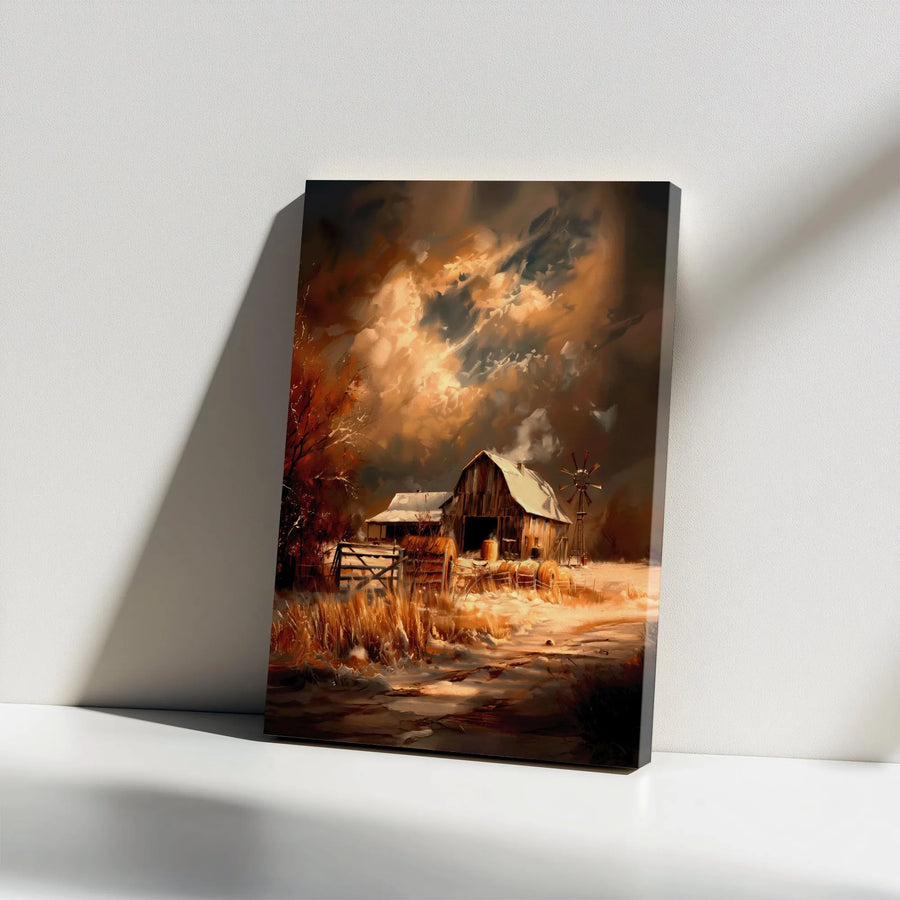 Rustic Barn Canvas Wall Art | Winter Farmhouse Landscape Painting | Premium Thick Gallery Wrap Canvas | Farmhouse Living Room Decor Gift