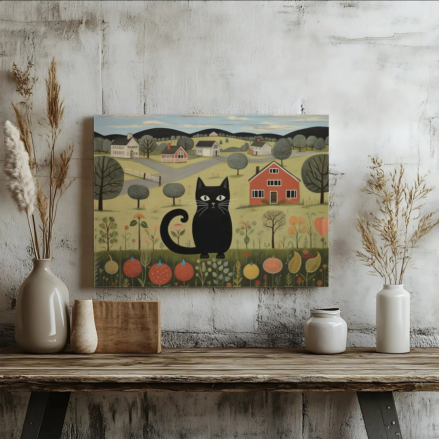 Folk Art Black Cat Wall Art | Pastoral Village Landscape Canvas | 1.25" Gallery Wrap | Whimsical Country Home Decor Gift