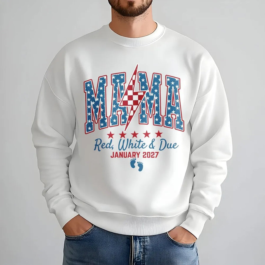 4th of July Pregnancy Announcement Shirt | American Mama Red White & Due Design | Premium Cotton Tee | Gift for Mom To Be