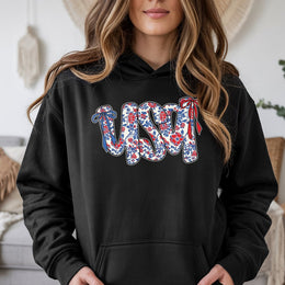 USA Floral Coquette Bow Hoodie | Patriotic America Graphic Print | Cotton-Blend Comfort | 4th of July Independence Day Gift for Women