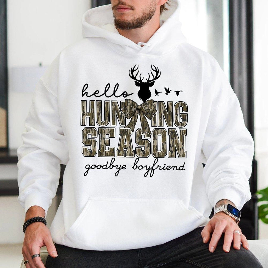 Hello Hunting Season Goodbye Boyfriend Hoodie | Camo Deer Antler Graphic | Premium Cotton Blend | Funny Hunter Gift for Women
