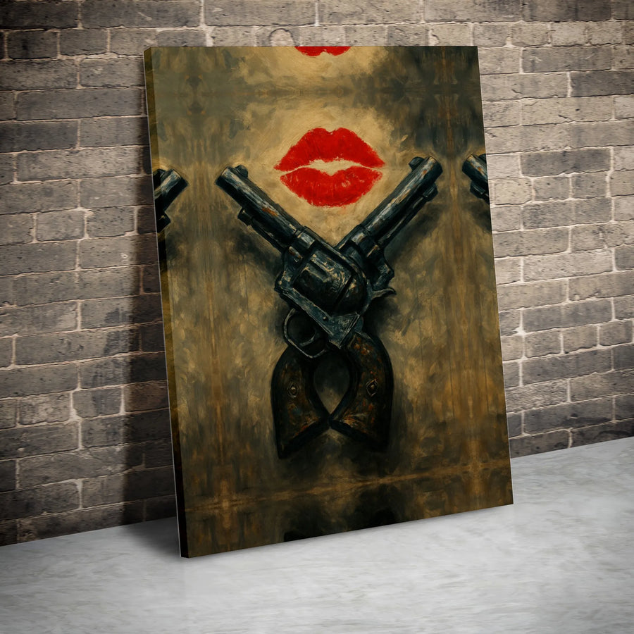 Crossed Revolvers and Red Lips Wall Art | Edgy Western Noir Print | Premium Gallery Wrap Canvas | Unique Home Decor Gift for Him or Her