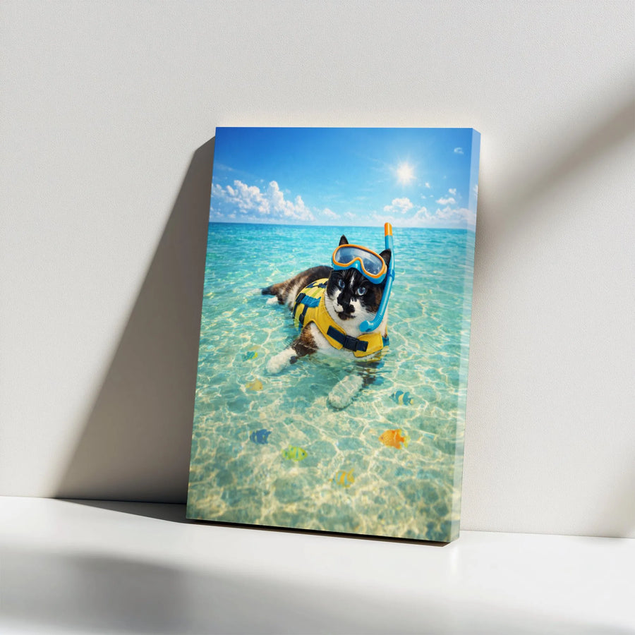 Snorkeling Cat Canvas Wall Art | Funny Tropical Beach Photo Print | Premium Gallery Wrap Canvas | Gift for Cat Lover, Coastal Bathroom Decor