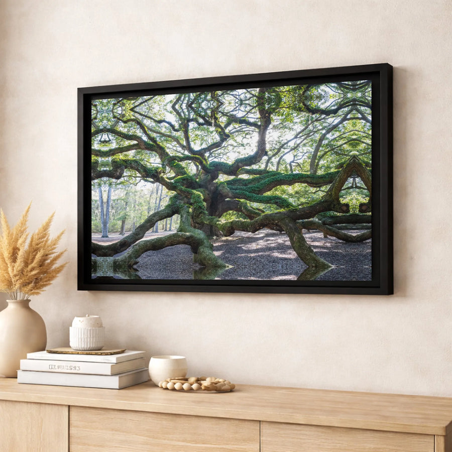 Angel Oak Tree Canvas Wall Art | Symmetrical Mossy Branch Kaleidoscope Print | Premium Gallery-Wrapped Decor | Nature Lover Home Office Gift