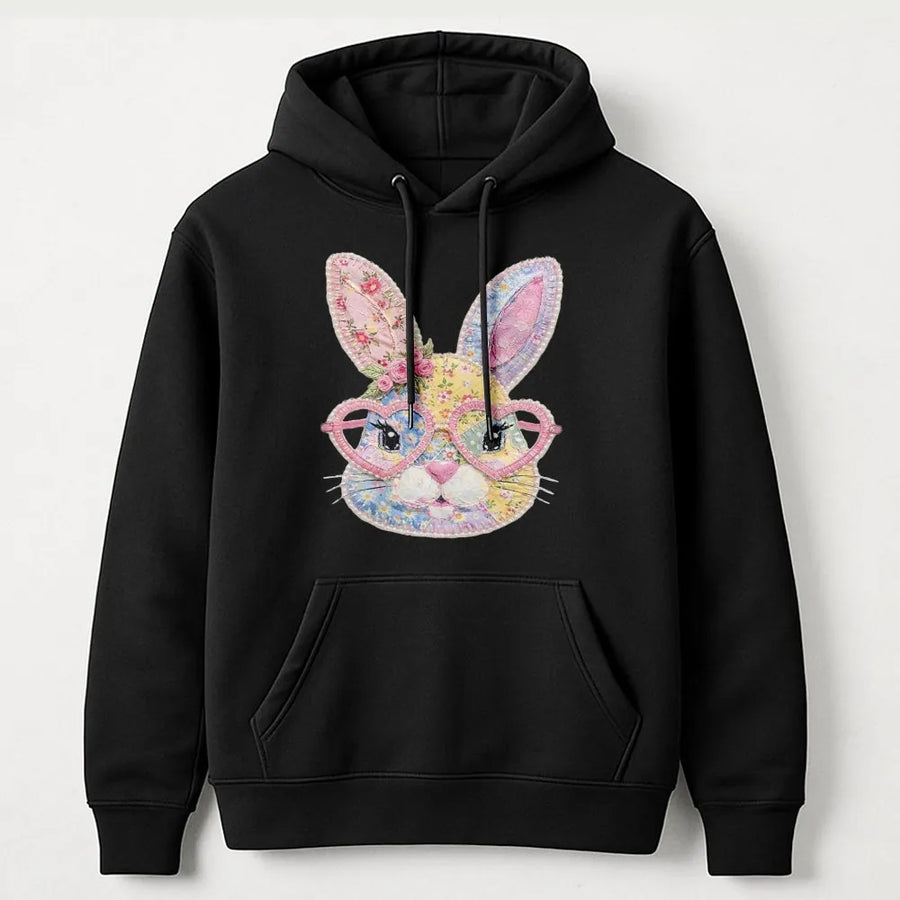 Floral Easter Bunny Hoodie | Patchwork Heart Glasses Design | Premium Cotton Blend | Gift for Spring Seasonal Style
