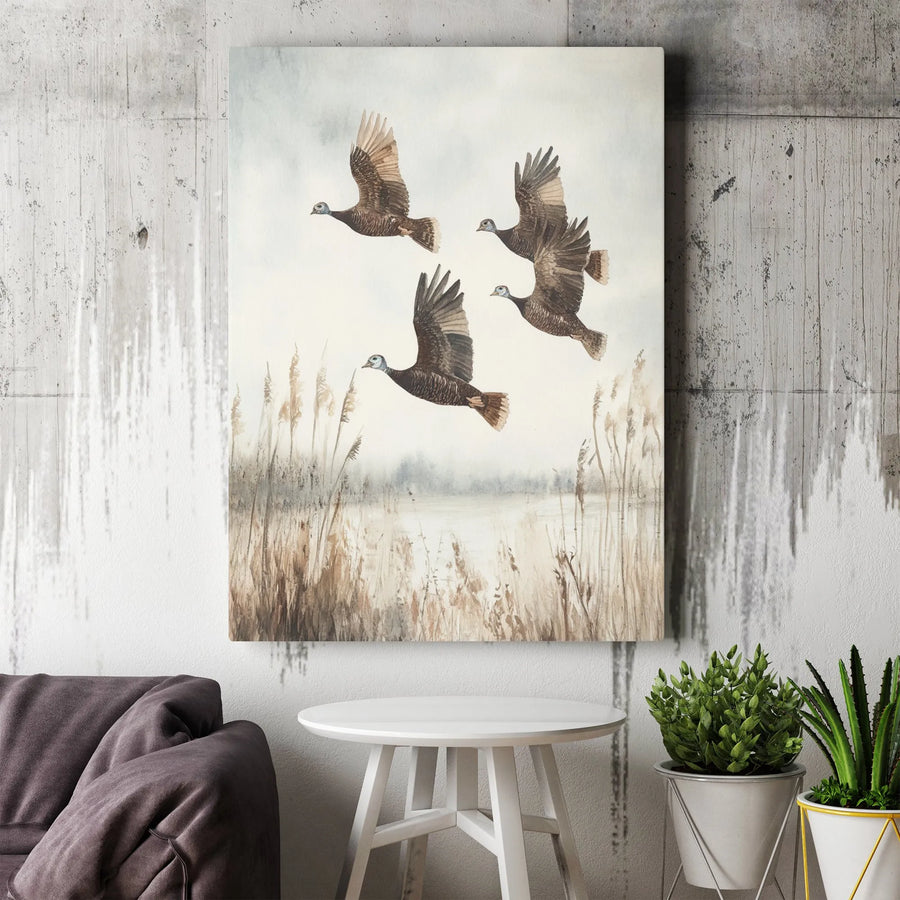 Wild Turkey Wall Art | Watercolor Flying Birds Print | 1.25 Inch Gallery Wrapped Canvas | Farmhouse Nature Home Decor for Hunters