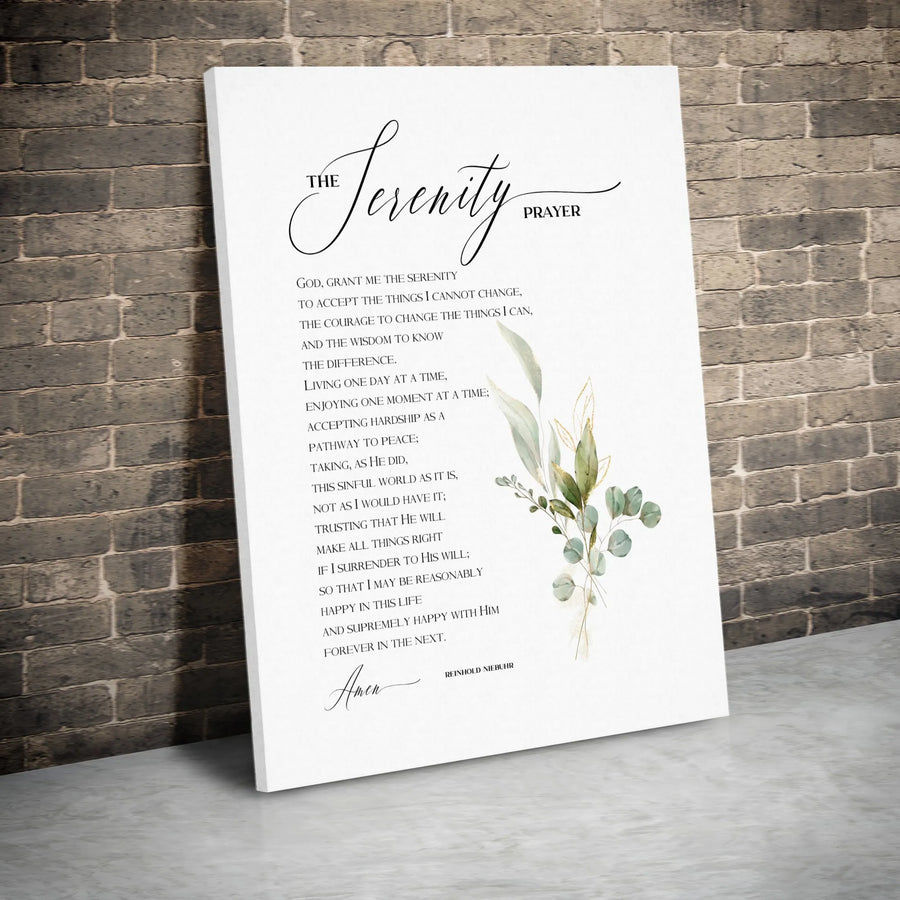 The Serenity Prayer Canvas Wall Art | Minimalist Script with Eucalyptus Greenery | Premium Gallery Wrapped Canvas | Inspirational Christian Home Decor Gift