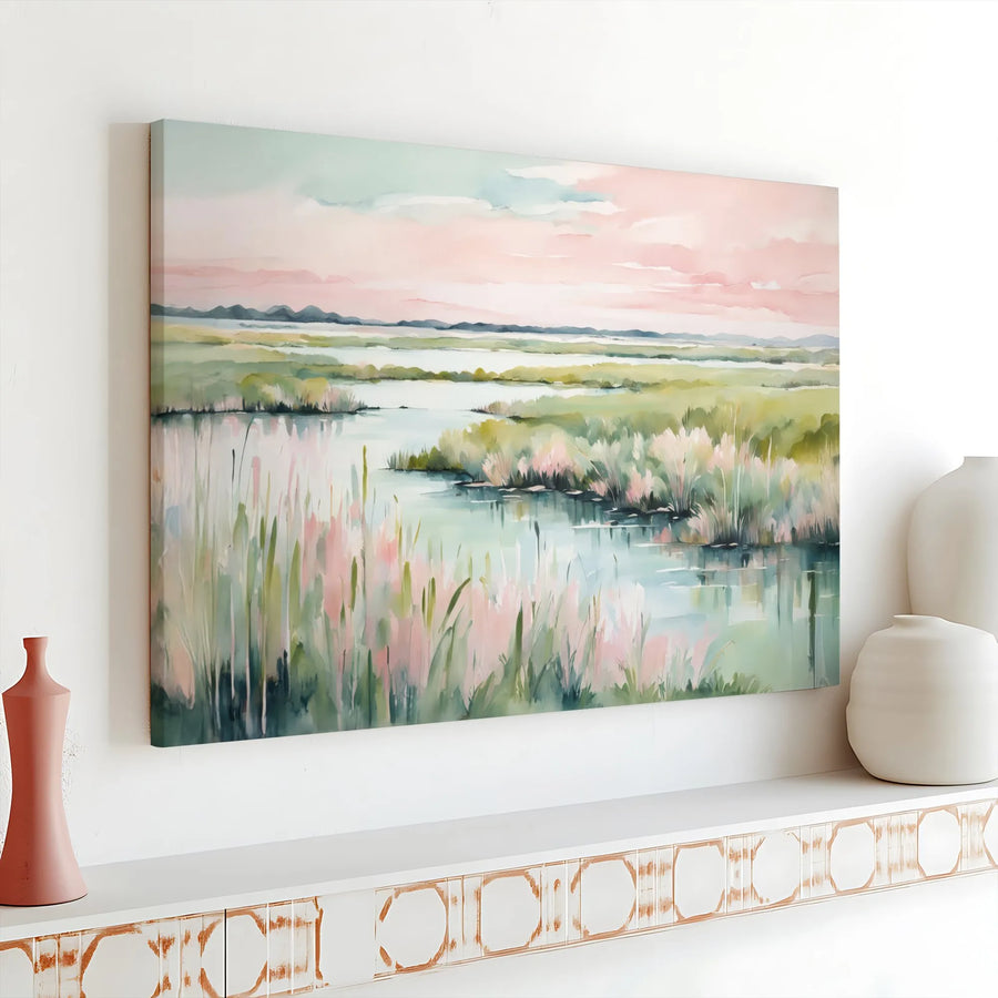 Watercolor Marsh Landscape Canvas | Pink Sky Coastal Wall Art | Gallery Wrapped Premium Print | Tranquil Nature Decor for Home and Office