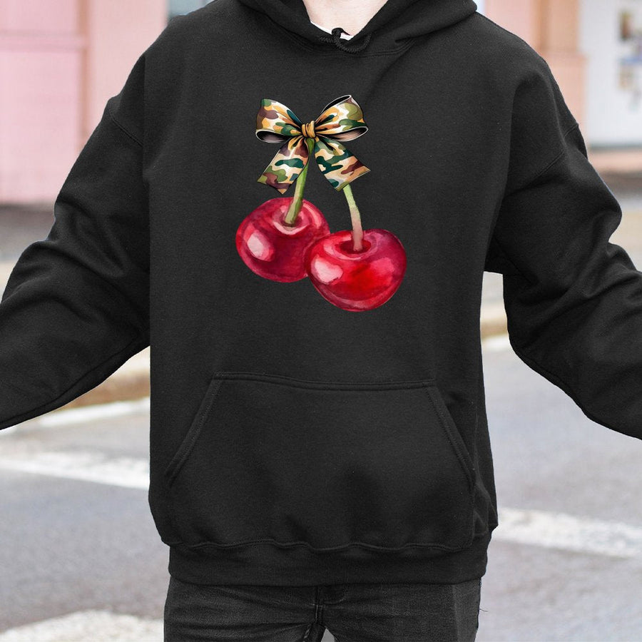 Cherry Camo Bow Hoodie | Watercolor Fruit Graphic Print | Premium Cotton-Blend Fleece | Coquette Aesthetic Gift for Her