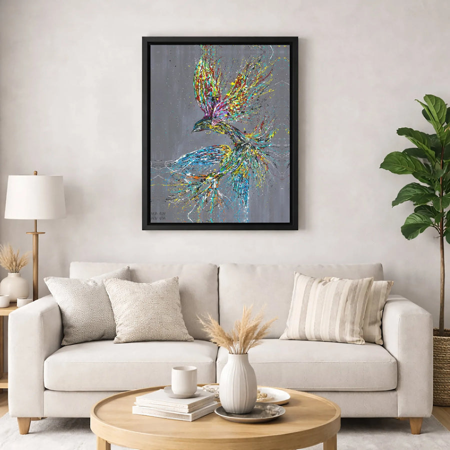 Abstract Bird Canvas Wall Art | Colorful Splatter Paint Modern Painting | Gallery Quality Wrapped Canvas | Large Living Room Decor Gift