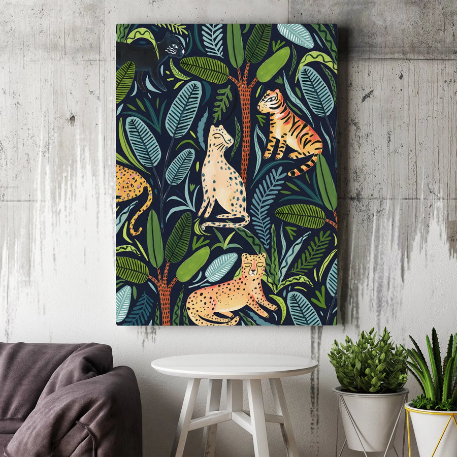 Boho Jungle Animals Vertical Canvas | Dark Botanical Big Cats Wall Art | Premium Gallery Wrap Print | Kids Room & Nursery Decor Gift