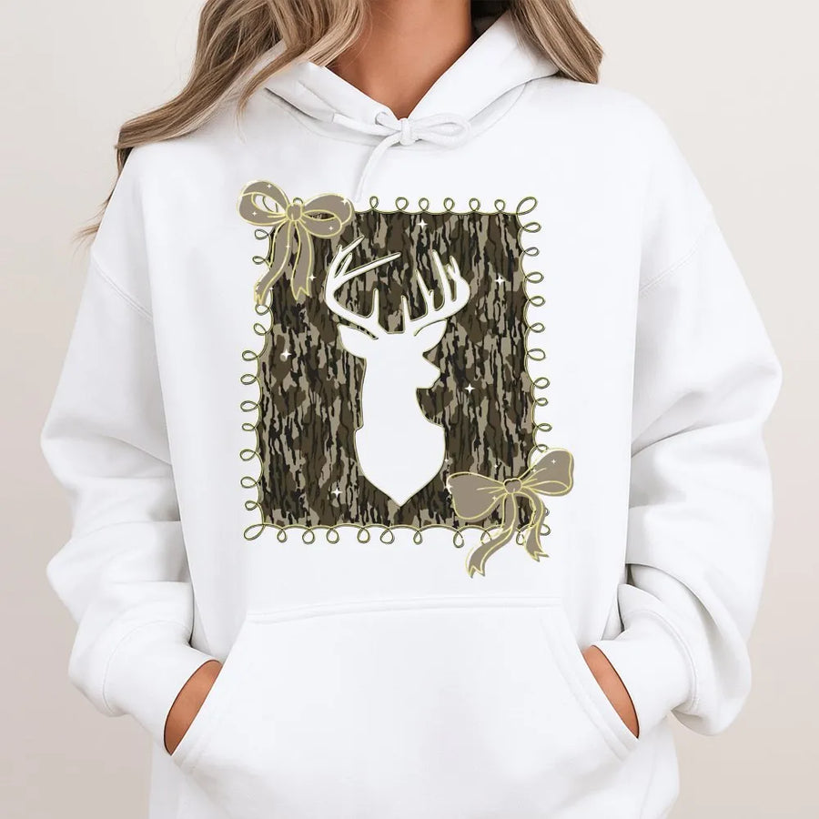 Camo Deer Head Hoodie | Bow Graphic Country Style | Premium Cotton Blend | Gift for Her Country Girl Hunting Fan
