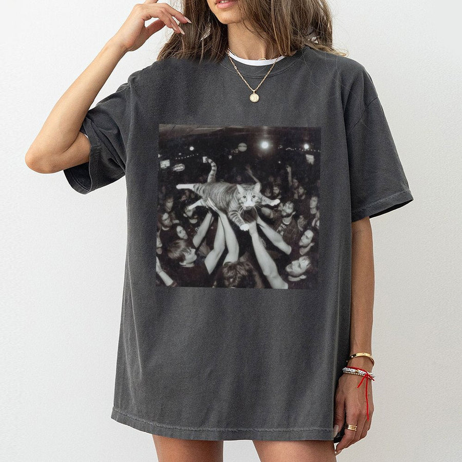 Funny Cat Crowd Surfing T-Shirt | Retro Grunge Concert Graphic | Premium 100% Cotton Tee | Gift for Cat Lovers and Music Fans