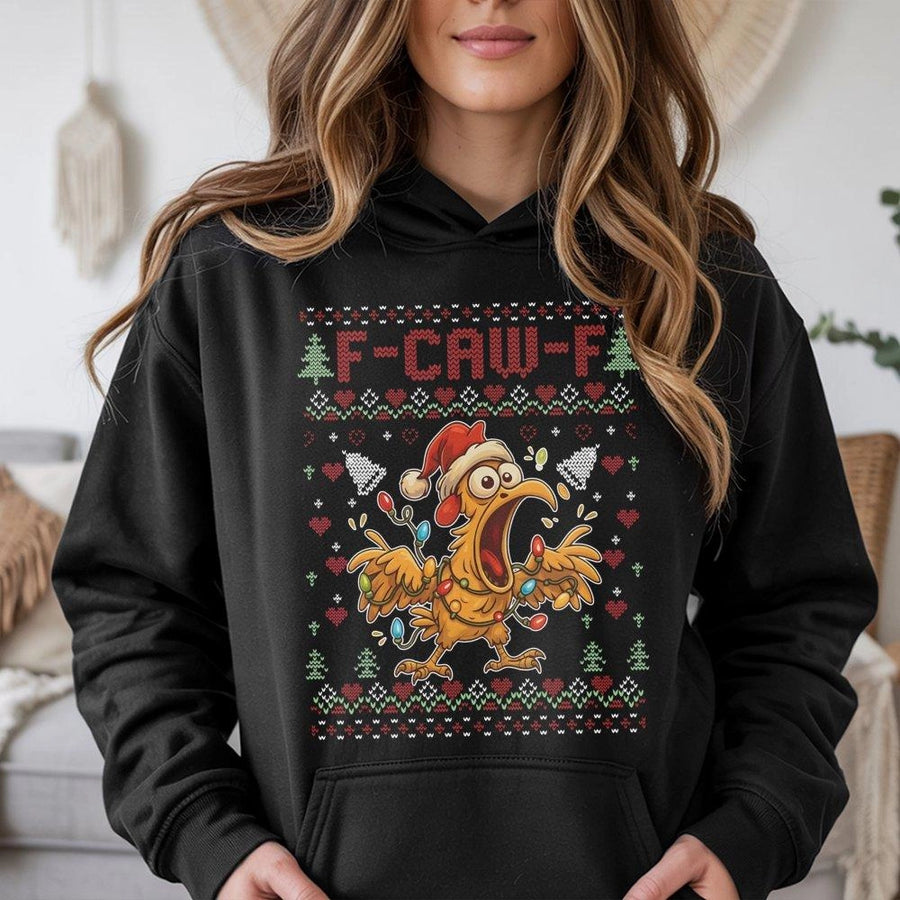 Funny Chicken Ugly Christmas Hoodie | F-Caw-F Festive Holiday Sweatshirt | Soft Cotton-Poly Blend | Hilarious Secret Santa Gift for Men and Women