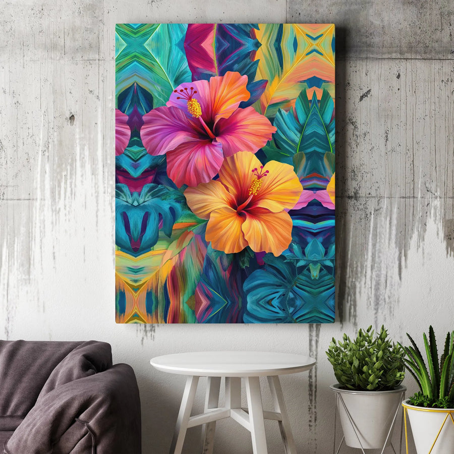 Hibiscus Flower Canvas Wall Art | Vibrant Tropical Botanical Print | Premium 1.25" Thick Gallery Wrap | Modern Living Room Decor