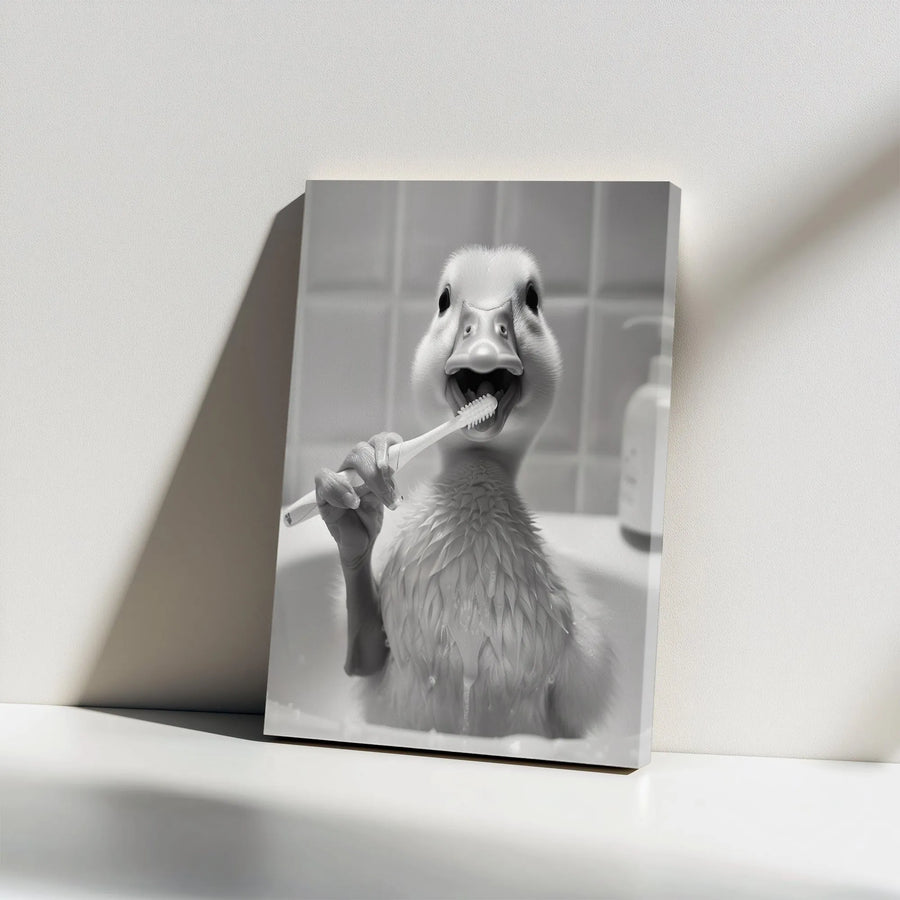 Funny Duck Brushing Teeth Vertical Canvas | Humorous Black and White Animal Art | Premium Gallery Print | Quirky Bathroom Decor Gift