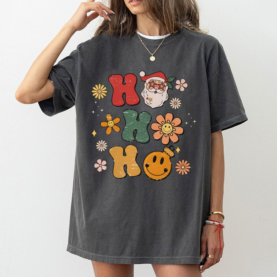Retro Ho Ho Ho Christmas T-Shirt | Groovy Santa Smiley Face Graphic | 100% Premium Cotton Tee | Festive Holiday Gift for Women and Teachers