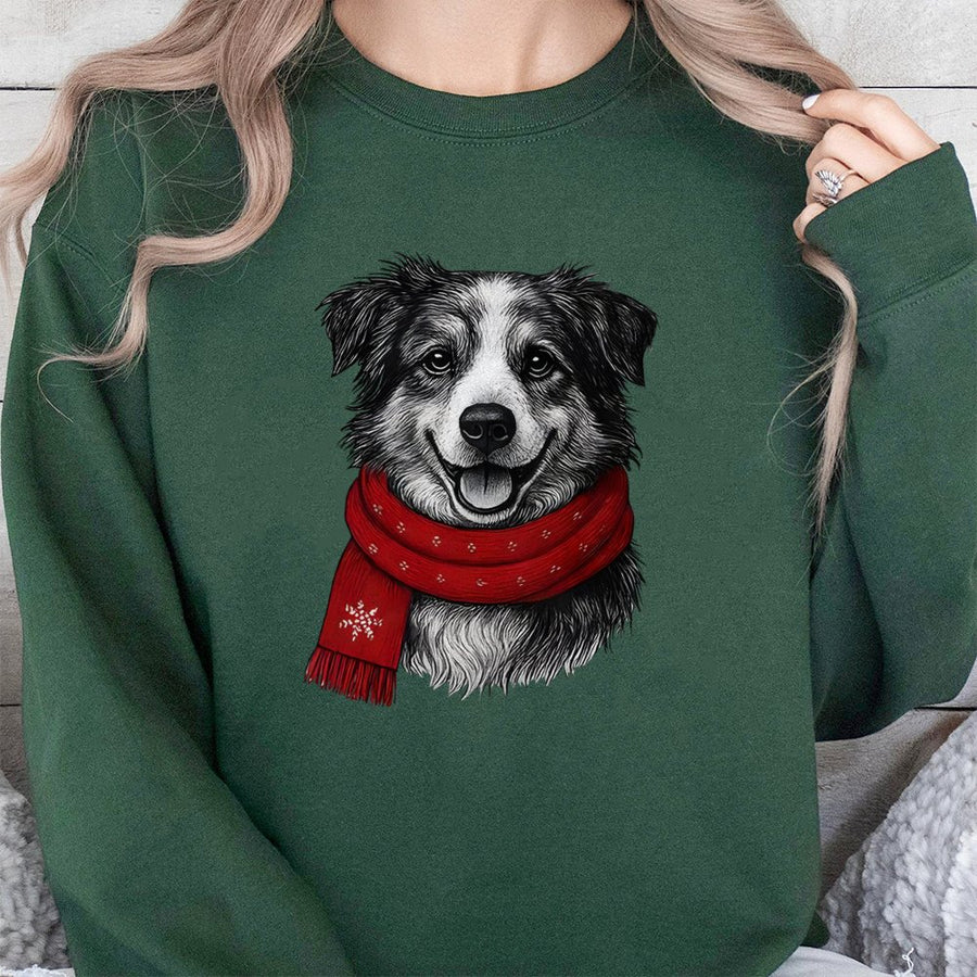 Border Collie Christmas Sweatshirt | Cute Dog In Red Scarf Graphic | Premium Cotton Blend Crewneck | Holiday Gift For Dog Lovers