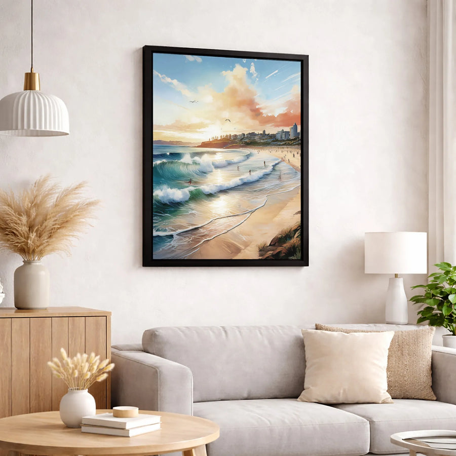 Coastal Sunset Canvas Wall Art | Surfing Ocean Waves Cityscape Print | Gallery-Quality 1.25" Profile | Tropical Beach Decor for Home Office