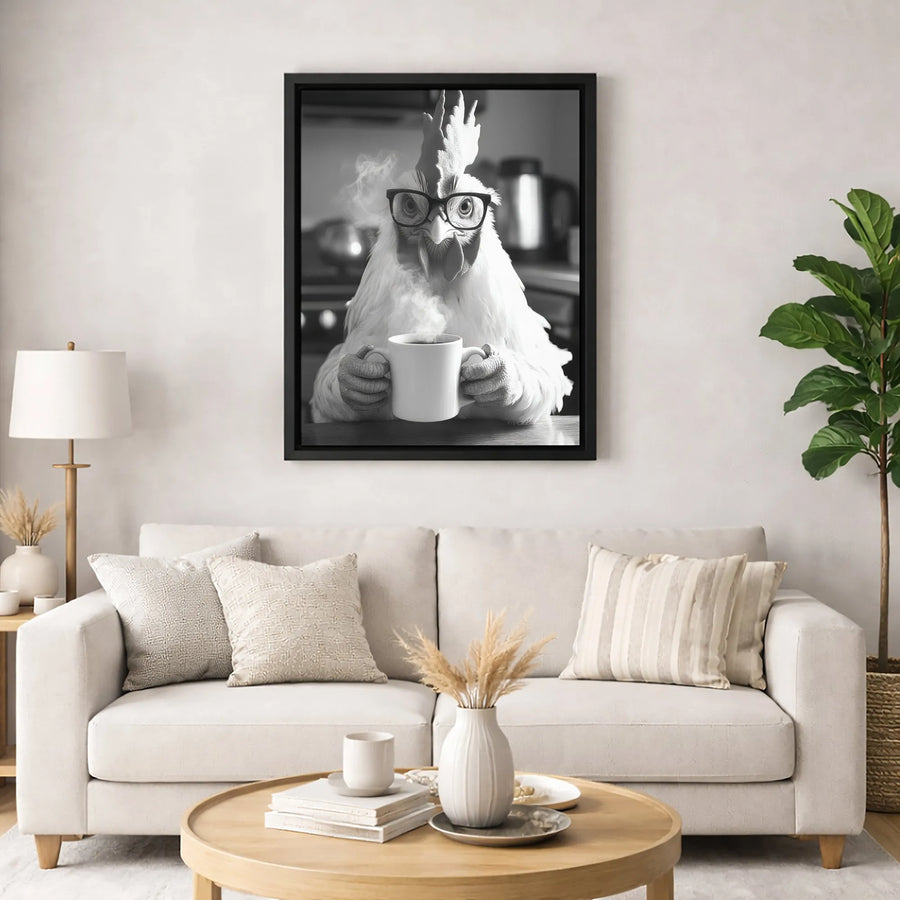 Rooster Drinking Coffee Wall Art | Whimsical Chicken With Glasses Portrait | 1.25-Inch Premium Gallery Canvas | Funny Farmhouse Kitchen Decor Gift