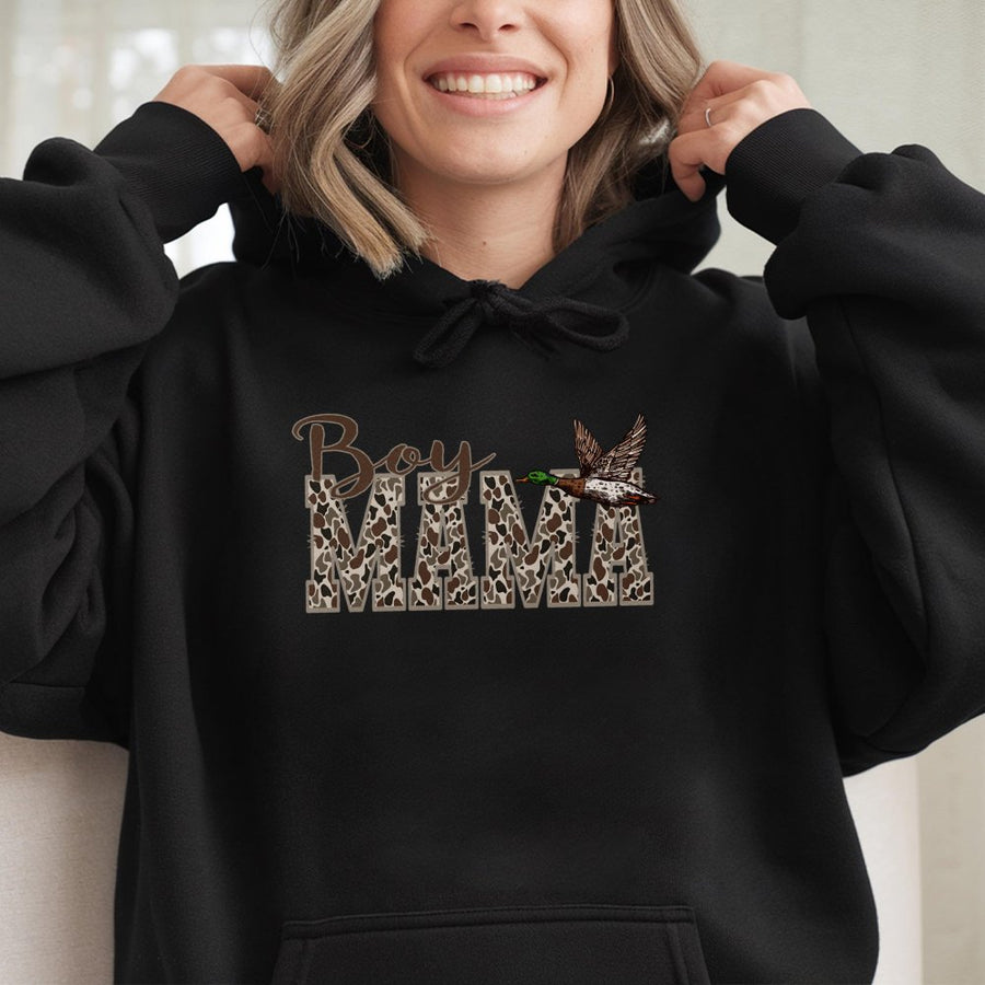 Boy Mama Hoodie | Duck Hunting Camo Print Graphic | Premium Cotton Blend | Gift for Outdoor Mom and Hunting Enthusiast