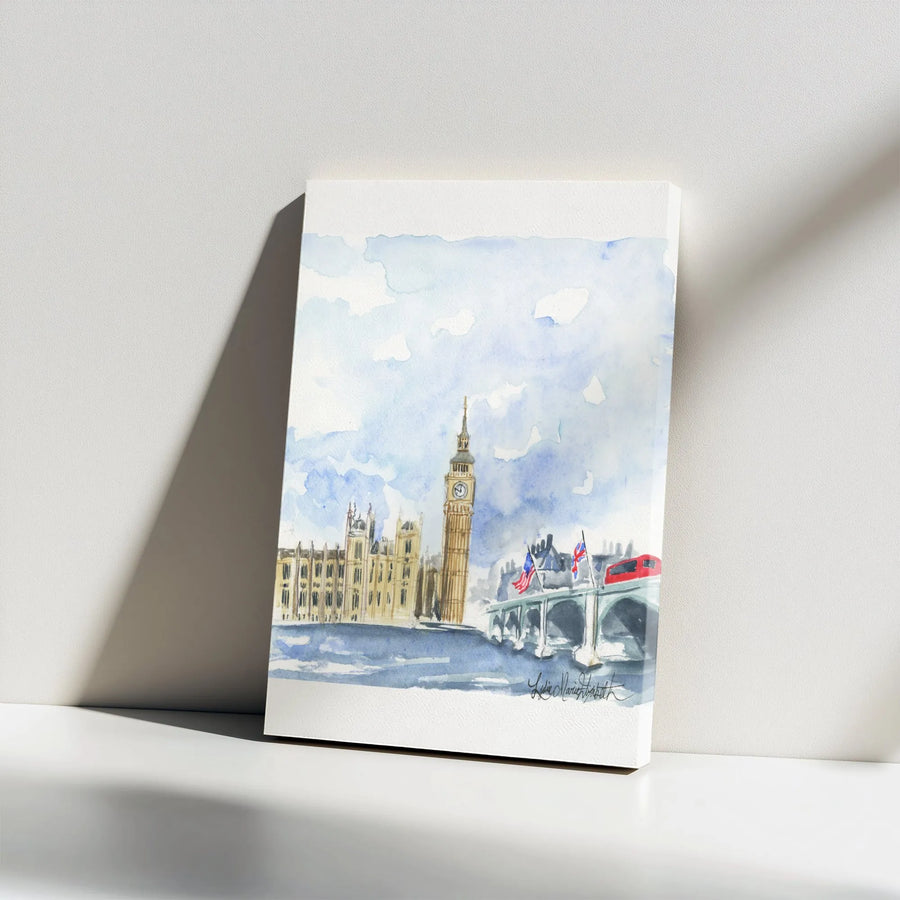 Big Ben London Vertical Canvas | Watercolor Cityscape Painting | Premium Gallery Wrap Canvas | Gift for Traveler & UK Wall Decor