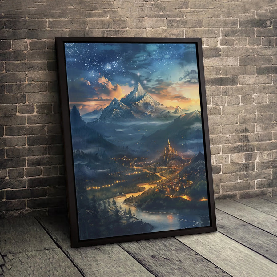 Fantasy Mountain Castle Canvas Wall Art | Magical Landscape Night Sky Print | Premium Gallery Wrapped Decor | Enchanted Forest Home Gift