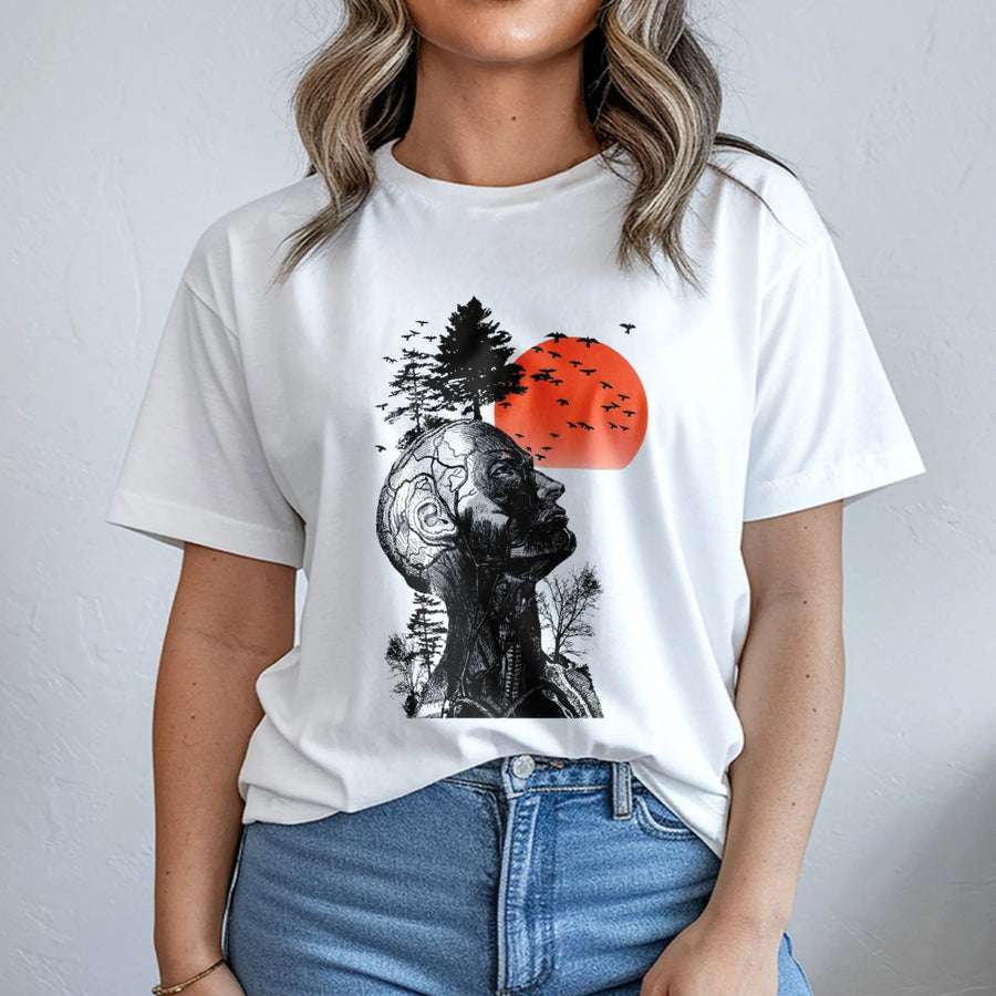 Surreal Human Anatomy Graphic T-Shirt | Artistic Nature Forest & Sunset Print | Premium 100% Cotton Tee | Unique Gift for Artists and Visionaries