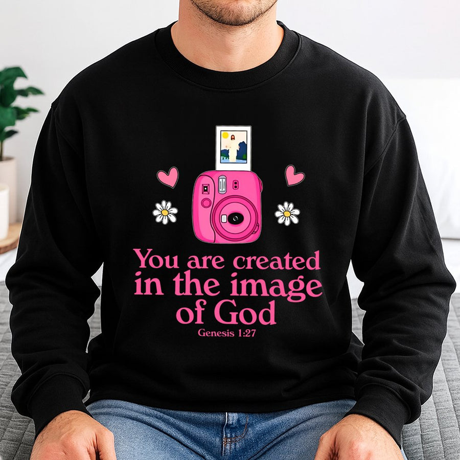 Created In The Image Of God Sweatshirt | Faith-Based Instant Camera Design | Premium Cotton Blend | Christian Gift For Women & Teens
