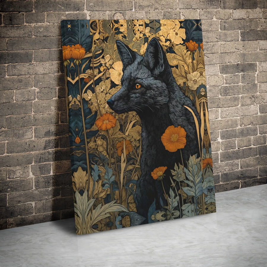 Black Fox Canvas Wall Art | Art Nouveau Floral Nature Print | Premium Gallery Wrap Decor | Wildlife Lover Gift For Home Office