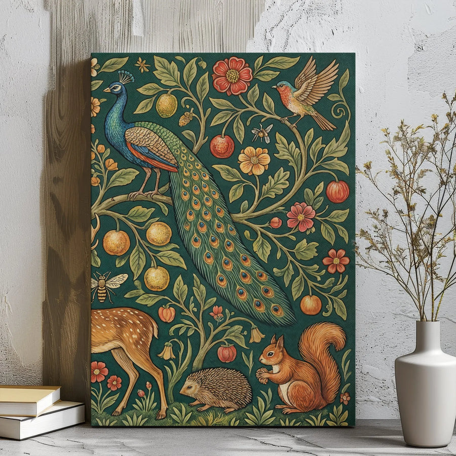 Forest Animal Canvas Print | Vintage Peacock and Woodland Creature Art | Premium Gallery Wrap Wall Decor | Nature Inspired Home Gift