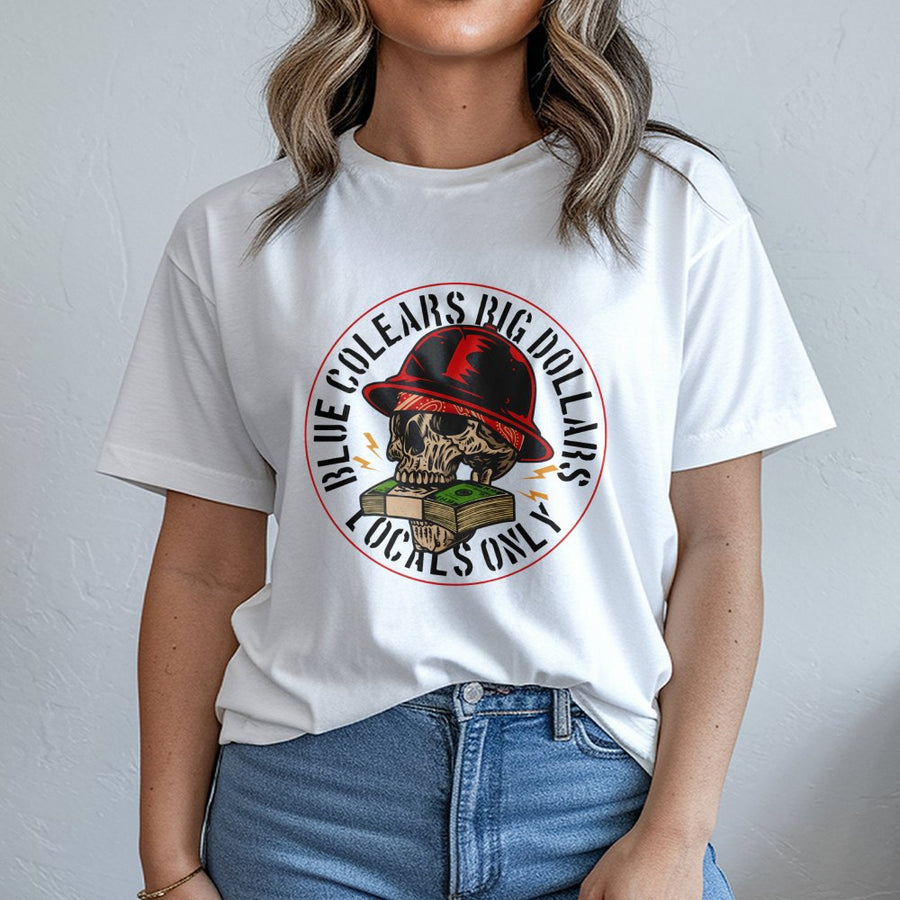 Blue Collar T-Shirt | Skull in Hard Hat Holding Cash Design | 100% Cotton Premium Graphic Tee | Gift for Construction Workers & Hustlers