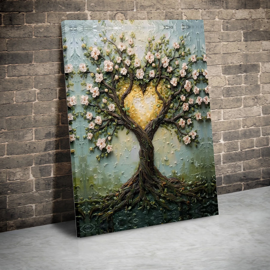 Tree of Life Canvas Wall Art | Textured Golden Heart and Blossom Tree Print | Premium Gallery Wrap Canvas | Romantic Bedroom Decor Gift