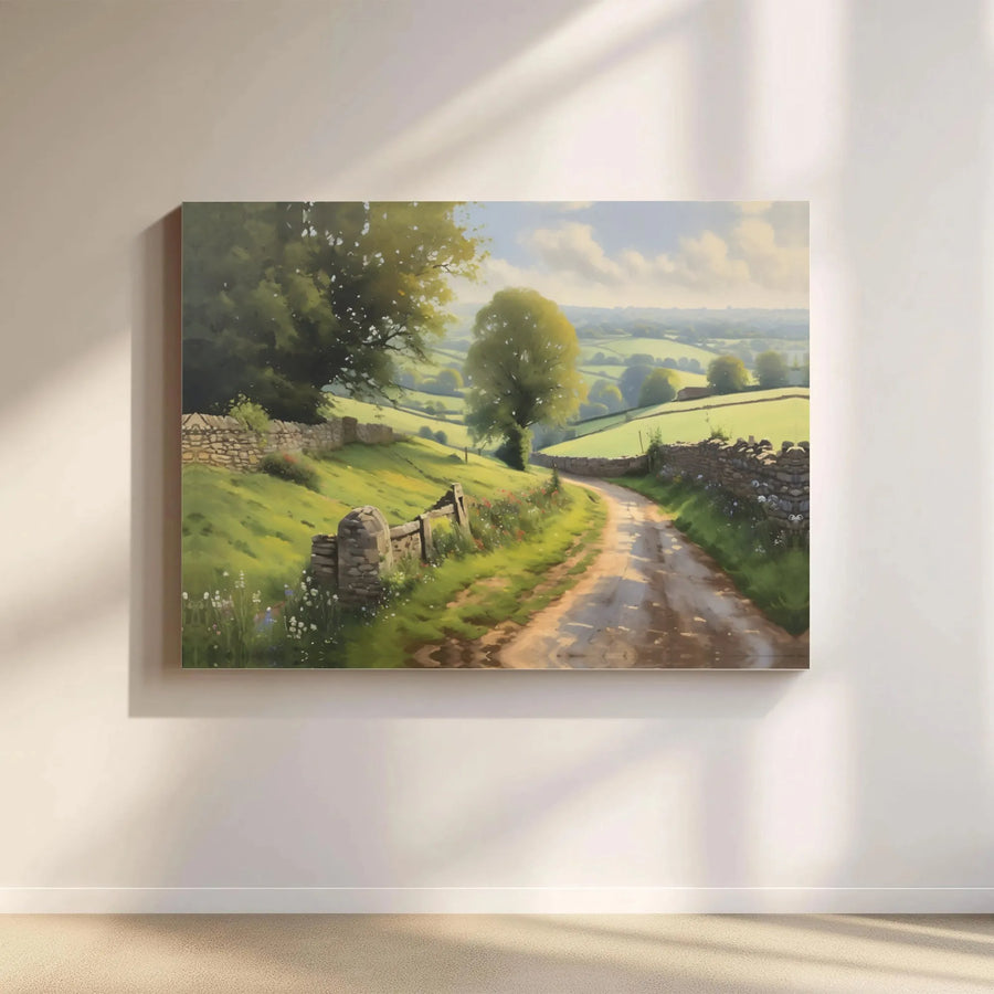 English Countryside Canvas Print | Vintage Pastoral Scene with Stone Wall | Premium Gallery Wrapped Canvas | Farmhouse Living Room Decor Gift