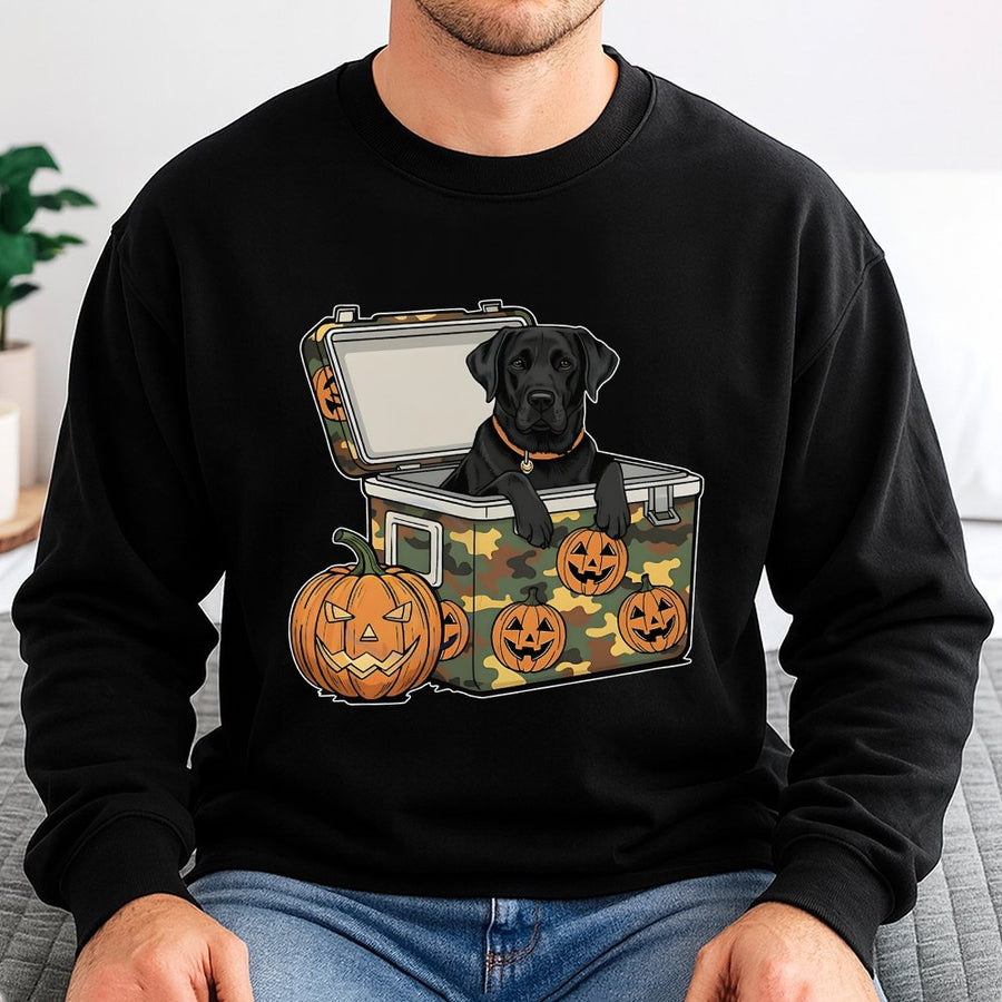 Black Lab Halloween Sweatshirt | Camo Cooler Pumpkin Design | Soft Cotton Blend Crewneck | Spooky Fall Hunting Gift for Dog Lovers