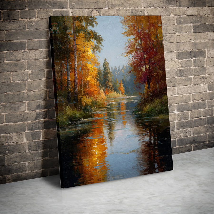 Autumn Forest Canvas Print | Impressionist River Landscape Painting | Premium Gallery Wrapped Art | Rustic Home Decor Gift